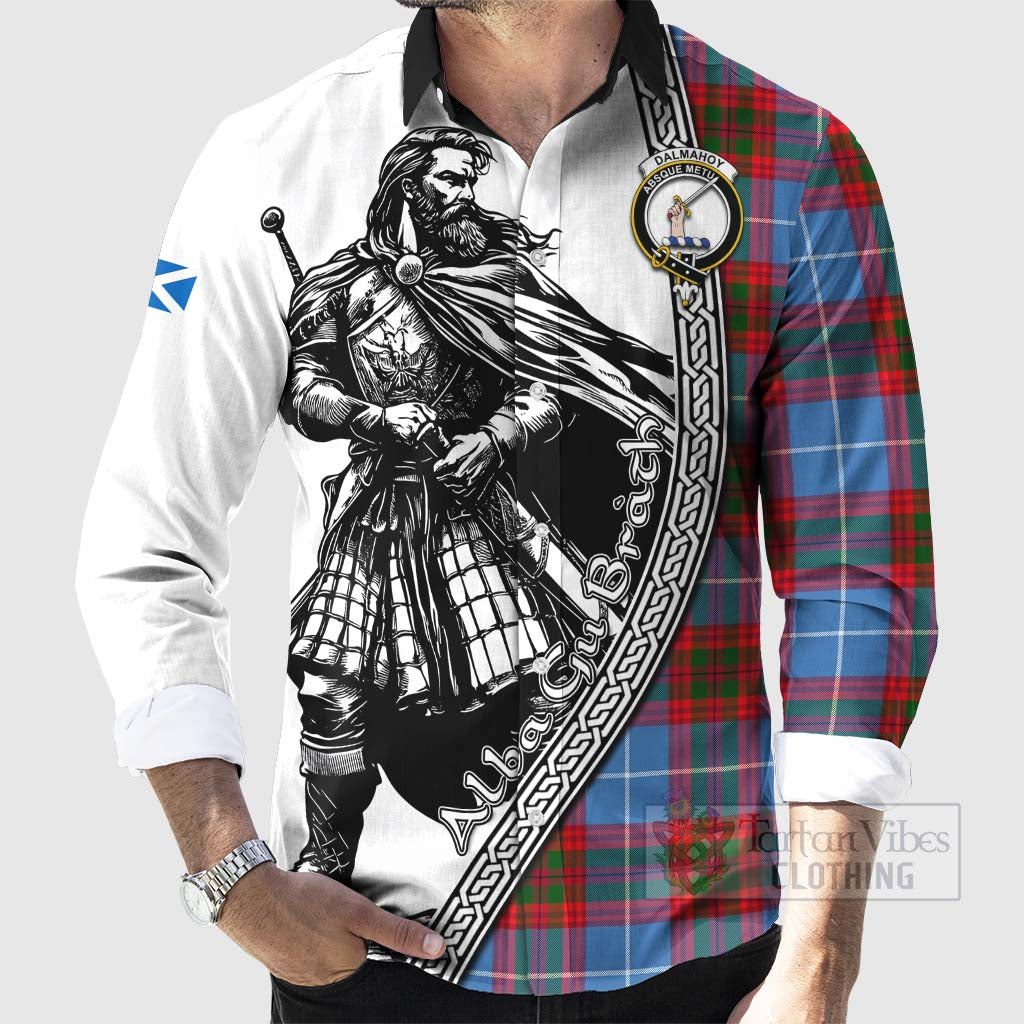 Tartan Vibes Clothing Dalmahoy Tartan Clan Crest Long Sleeve Button Shirt with Highlander Warrior Celtic Style