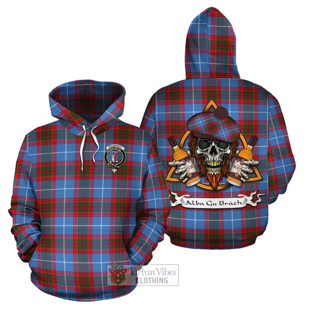 Tartan Vibes Clothing Dalmahoy Tartan Cotton Hoodie with Family Crest and Bearded Skull Holding Bottles of Whiskey