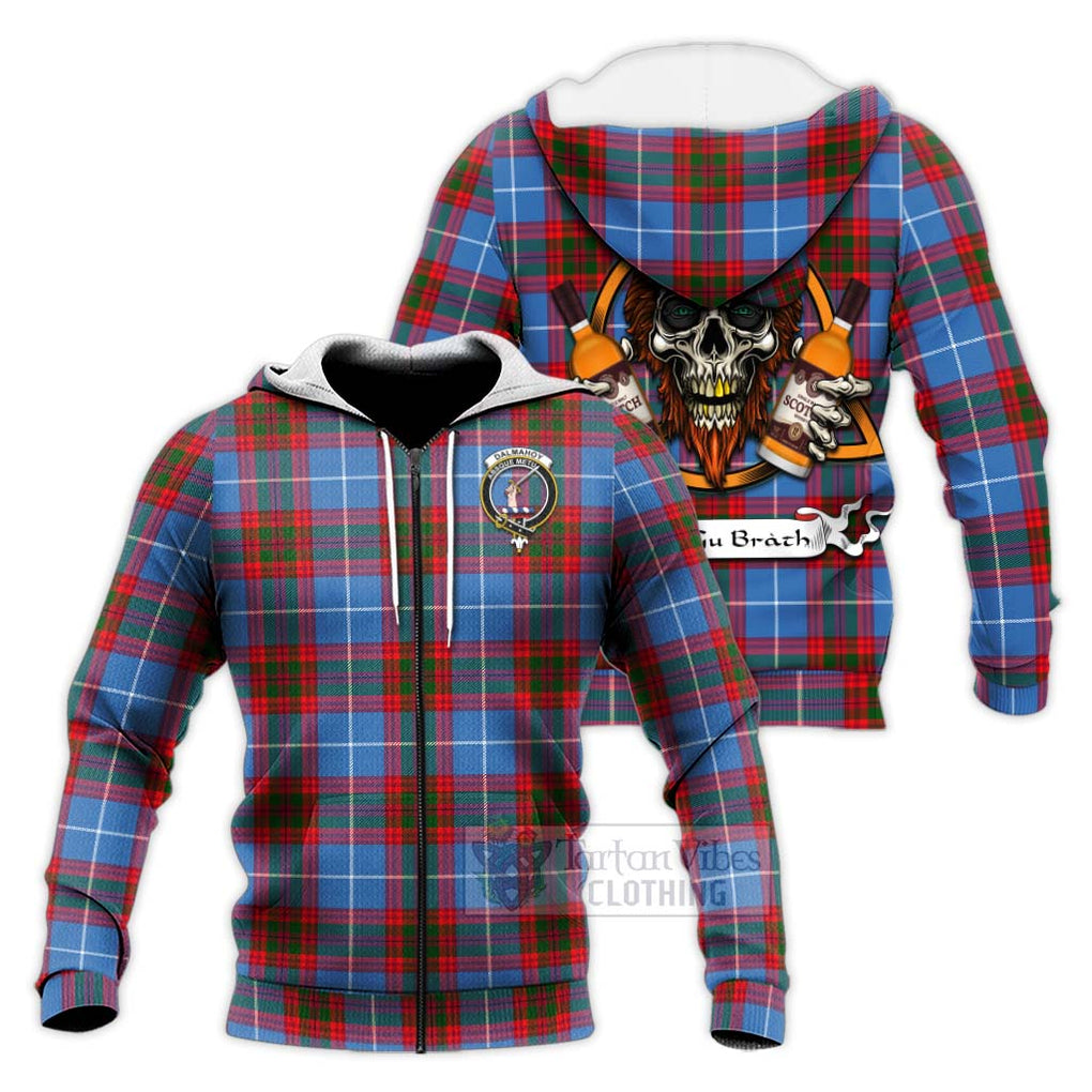 Tartan Vibes Clothing Dalmahoy Tartan Knitted Hoodie with Family Crest and Bearded Skull Holding Bottles of Whiskey