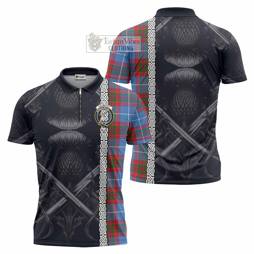 Tartan Vibes Clothing Dalmahoy Tartan Zipper Polo Shirt with Family Crest Cross Sword Thistle Celtic Vibes