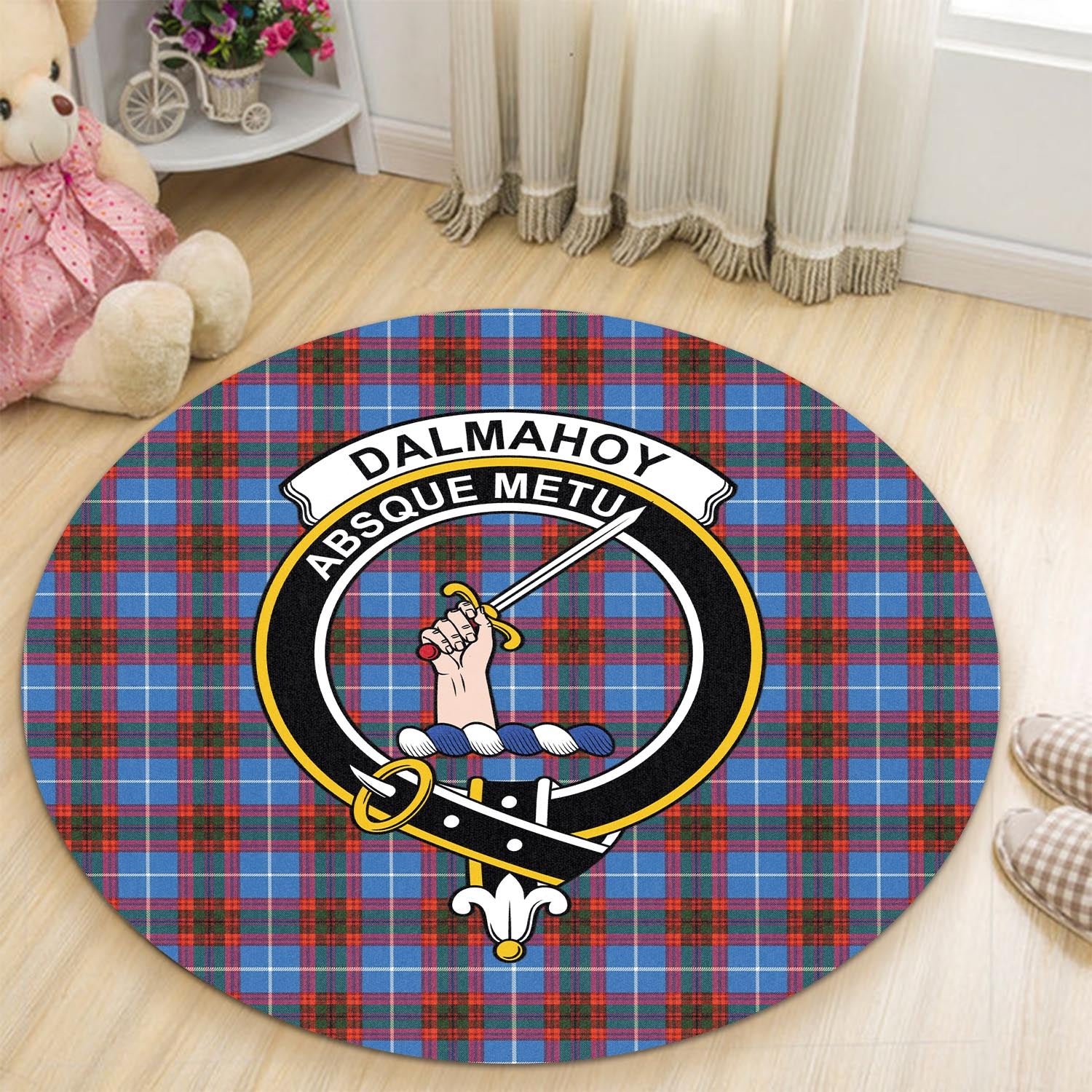 Dalmahoy Tartan Round Rug with Family Crest - Tartanvibesclothing