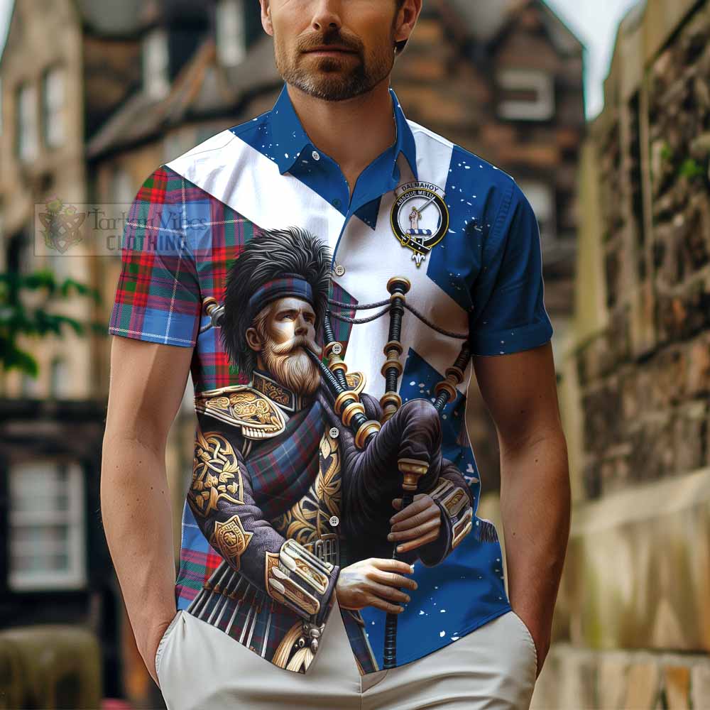 Tartan Vibes Clothing Dalmahoy Tartan Short Sleeve Button Shirt with Family Crest Scottish Bagpiper Vibes