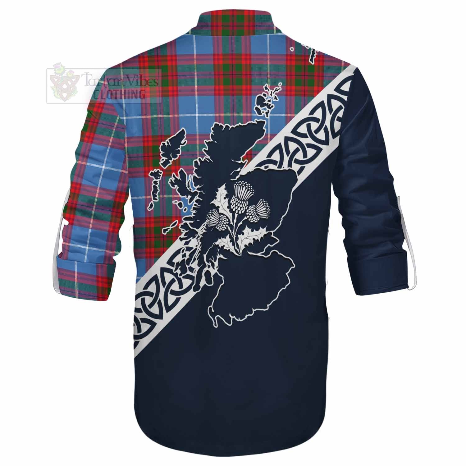 Tartan Vibes Clothing Dalmahoy Tartan Ghillie Kilt Shirt Featuring Thistle and Scotland Map