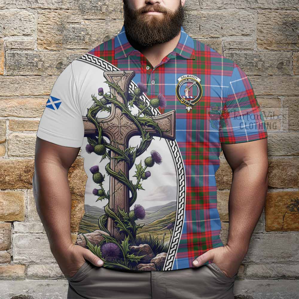 Tartan Vibes Clothing Dalmahoy Tartan Polo Shirt with Family Crest and St. Andrew's Cross Accented by Thistle Vines