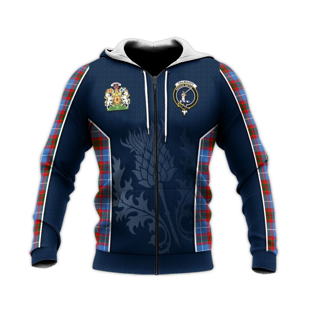 Tartan Vibes Clothing Dalmahoy Tartan Knitted Hoodie with Family Crest and Scottish Thistle Vibes Sport Style