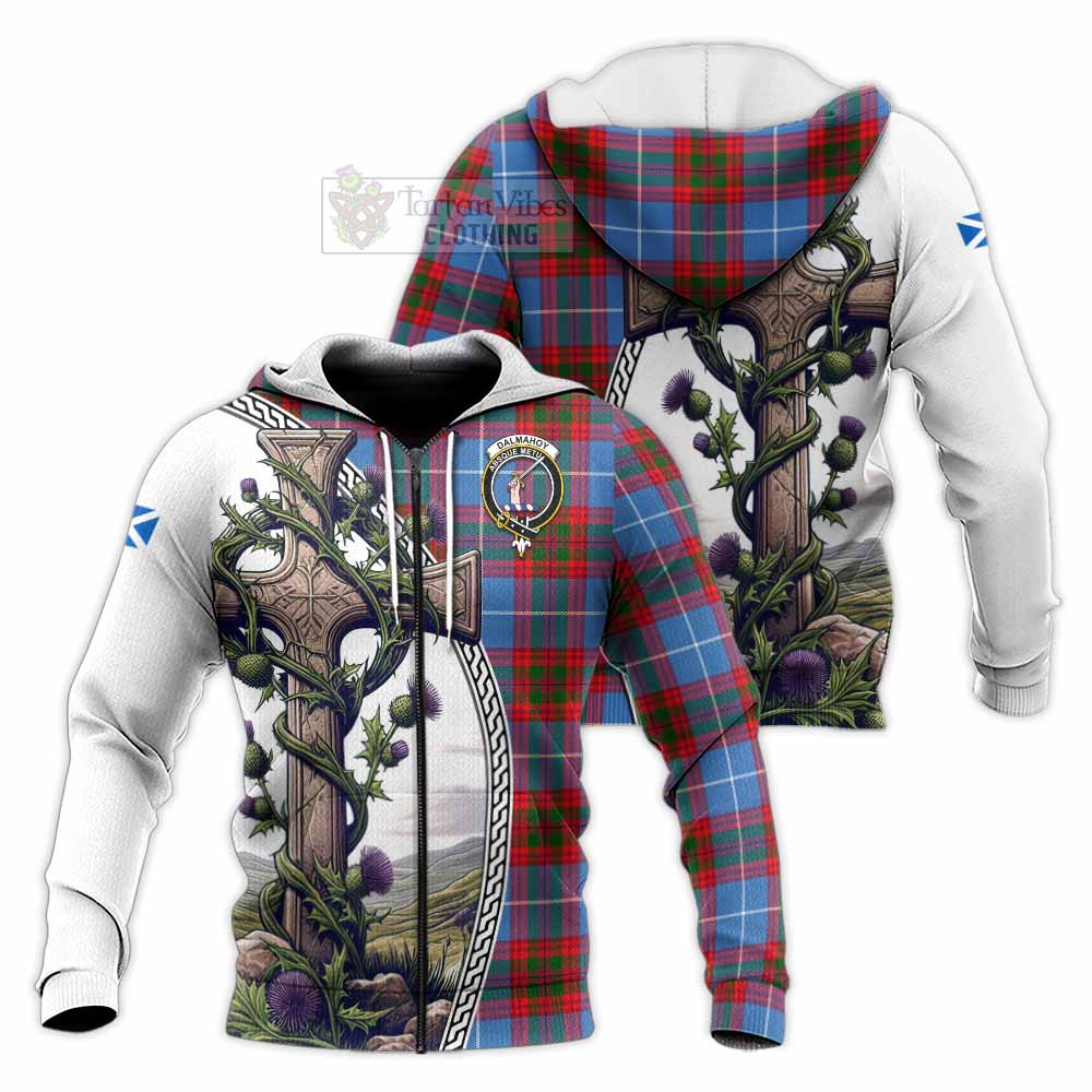 Tartan Vibes Clothing Dalmahoy Tartan Knitted Hoodie with Family Crest and St. Andrew's Cross Accented by Thistle Vines