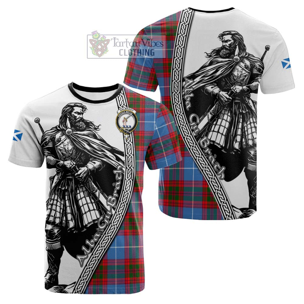 Dalmahoy Tartan Clan Crest Cotton T-shirt with Highlander Warrior Celtic Style