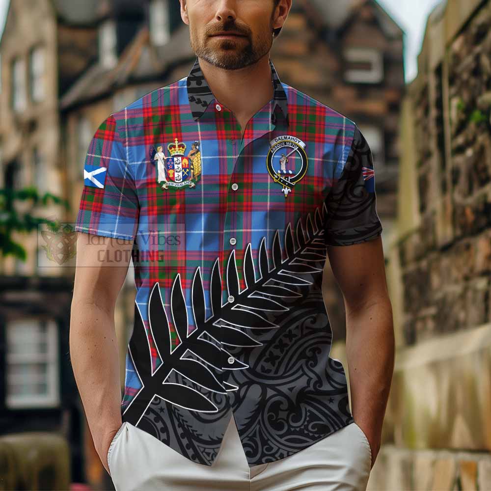 Tartan Vibes Clothing Dalmahoy Crest Tartan Short Sleeve Button Shirt with New Zealand Silver Fern Half Style