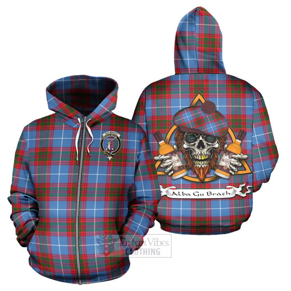 Tartan Vibes Clothing Dalmahoy Tartan Hoodie with Family Crest and Bearded Skull Holding Bottles of Whiskey