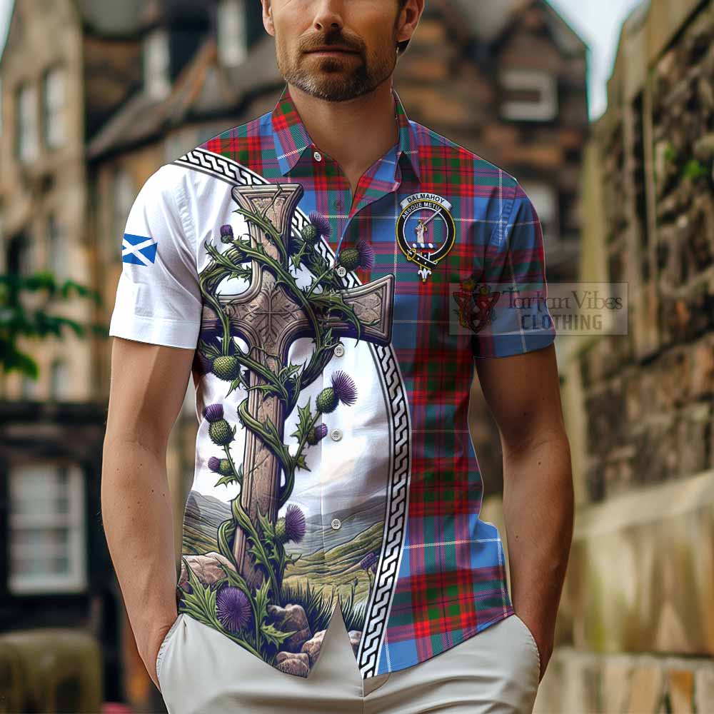 Tartan Vibes Clothing Dalmahoy Tartan Short Sleeve Button Shirt with Family Crest and St. Andrew's Cross Accented by Thistle Vines