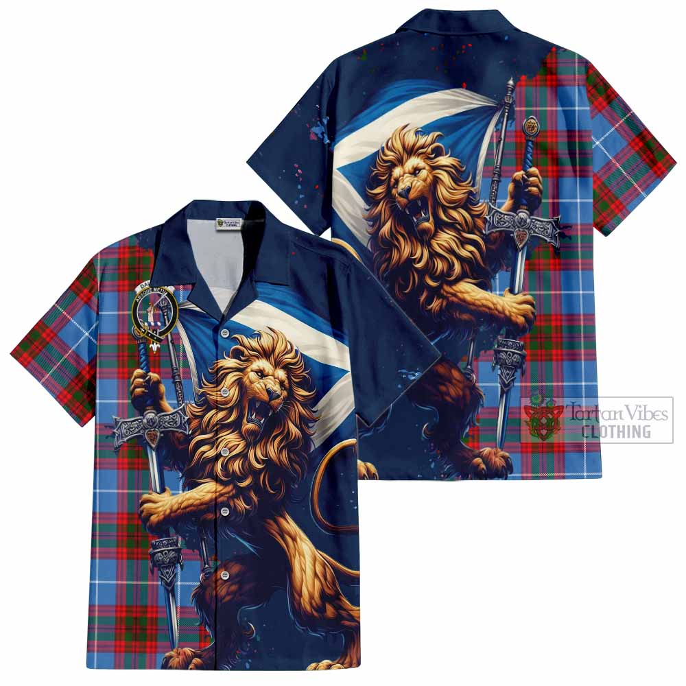 Tartan Vibes Clothing Dalmahoy Tartan Family Crest Short Sleeve Button Shirt with Scottish Majestic Lion