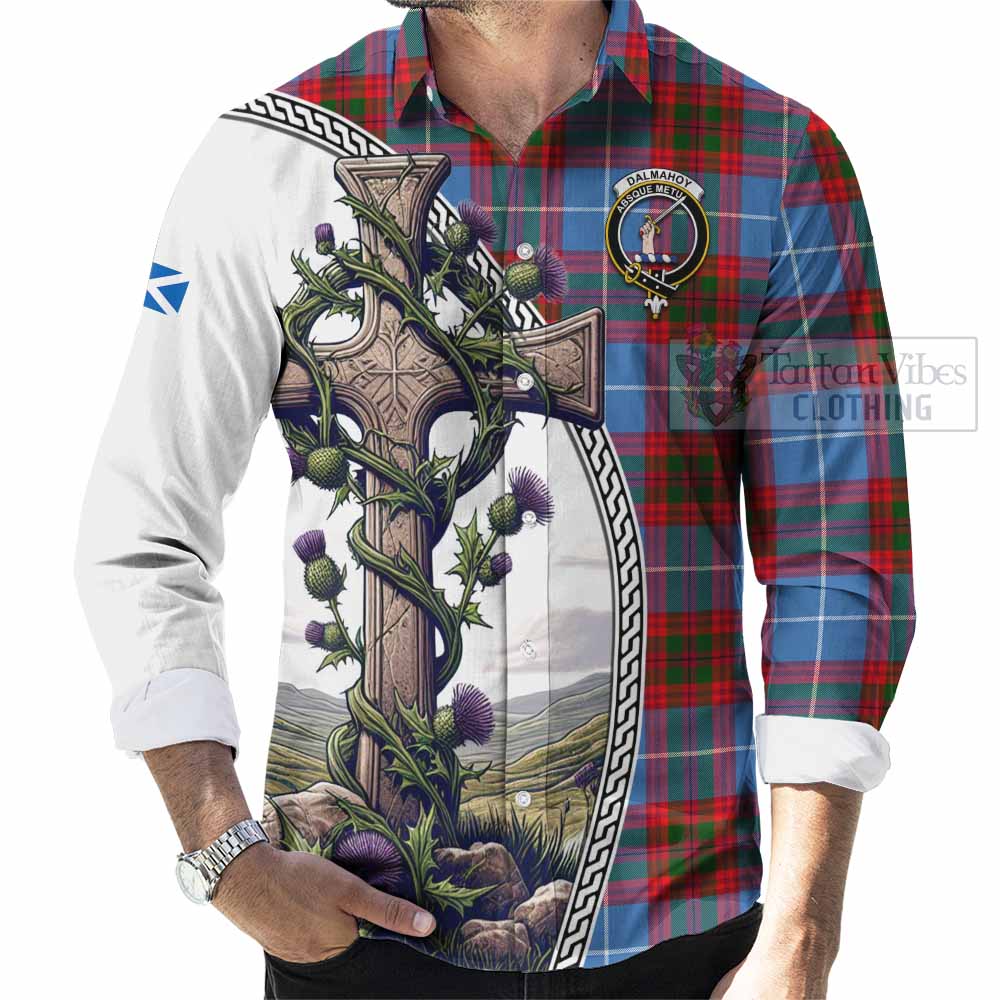 Tartan Vibes Clothing Dalmahoy Tartan Long Sleeve Button Shirt with Family Crest and St. Andrew's Cross Accented by Thistle Vines