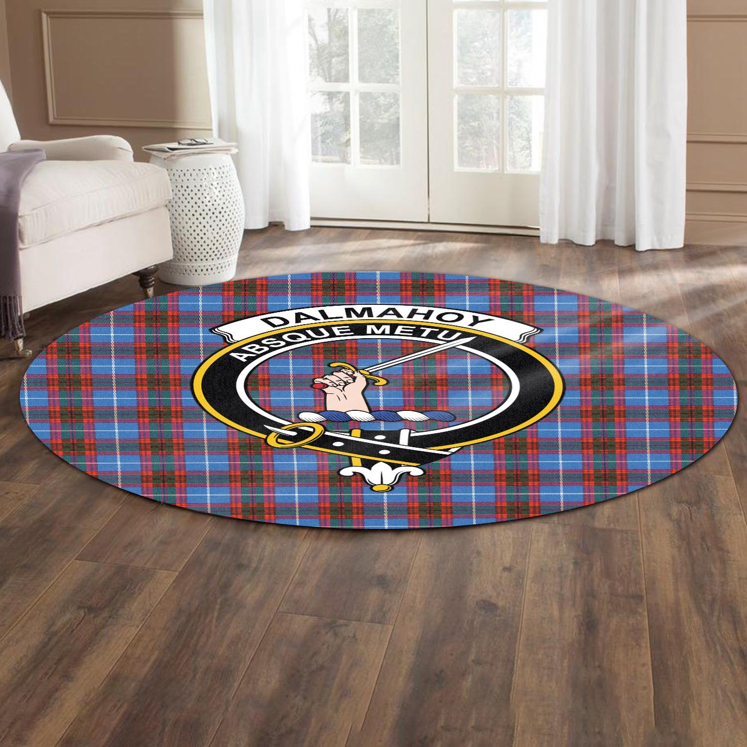 Dalmahoy Tartan Round Rug with Family Crest - Tartanvibesclothing