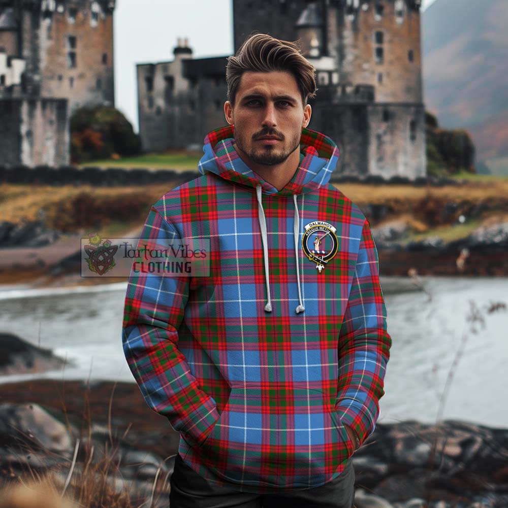 Tartan Vibes Clothing Dalmahoy Tartan Cotton Hoodie with Family Crest and Bearded Skull Holding Bottles of Whiskey