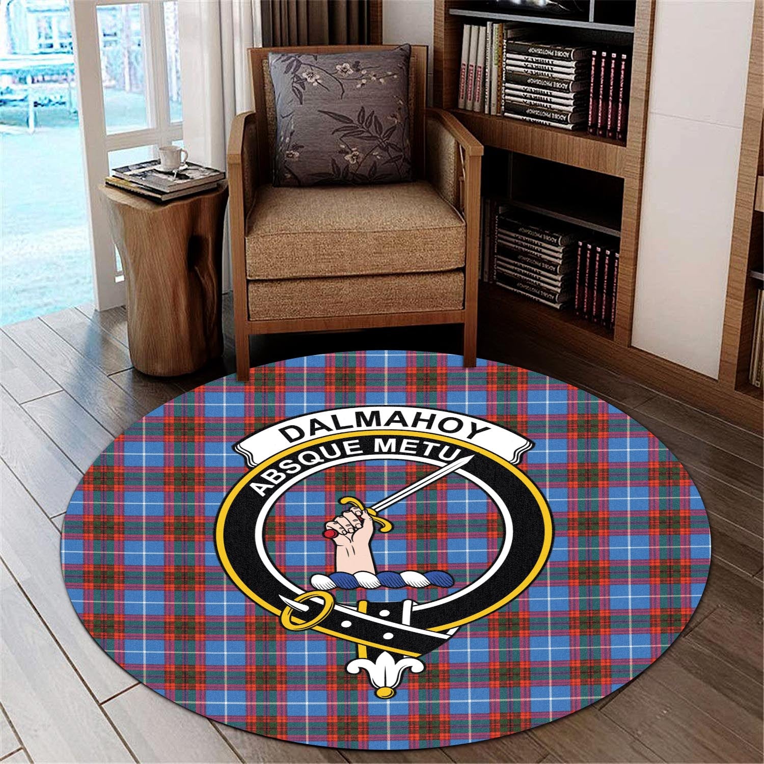 Dalmahoy Tartan Round Rug with Family Crest - Tartanvibesclothing