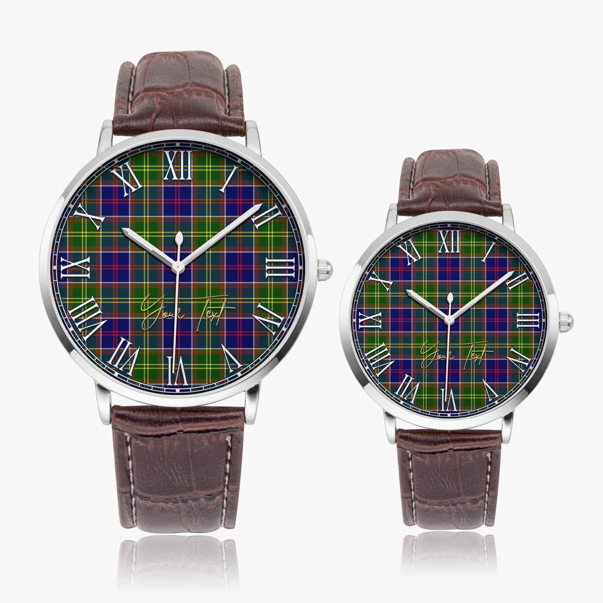 Dalrymple Tartan Personalized Your Text Leather Trap Quartz Watch Ultra Thin Silver Case With Brown Leather Strap - Tartanvibesclothing