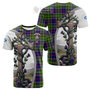 Dalrymple Tartan Cotton T-shirt with Family Crest and St. Andrew's Cross Accented by Thistle Vines