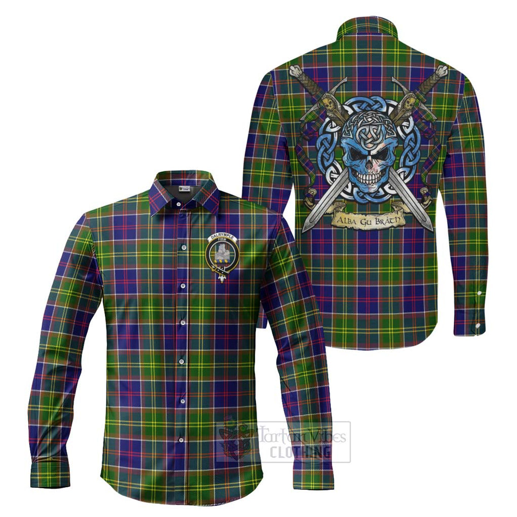 Tartan Vibes Clothing Dalrymple Tartan Long Sleeve Button Shirt with Family Crest Celtic Skull Style