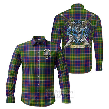 Dalrymple Tartan Long Sleeve Button Shirt with Family Crest Celtic Skull Style