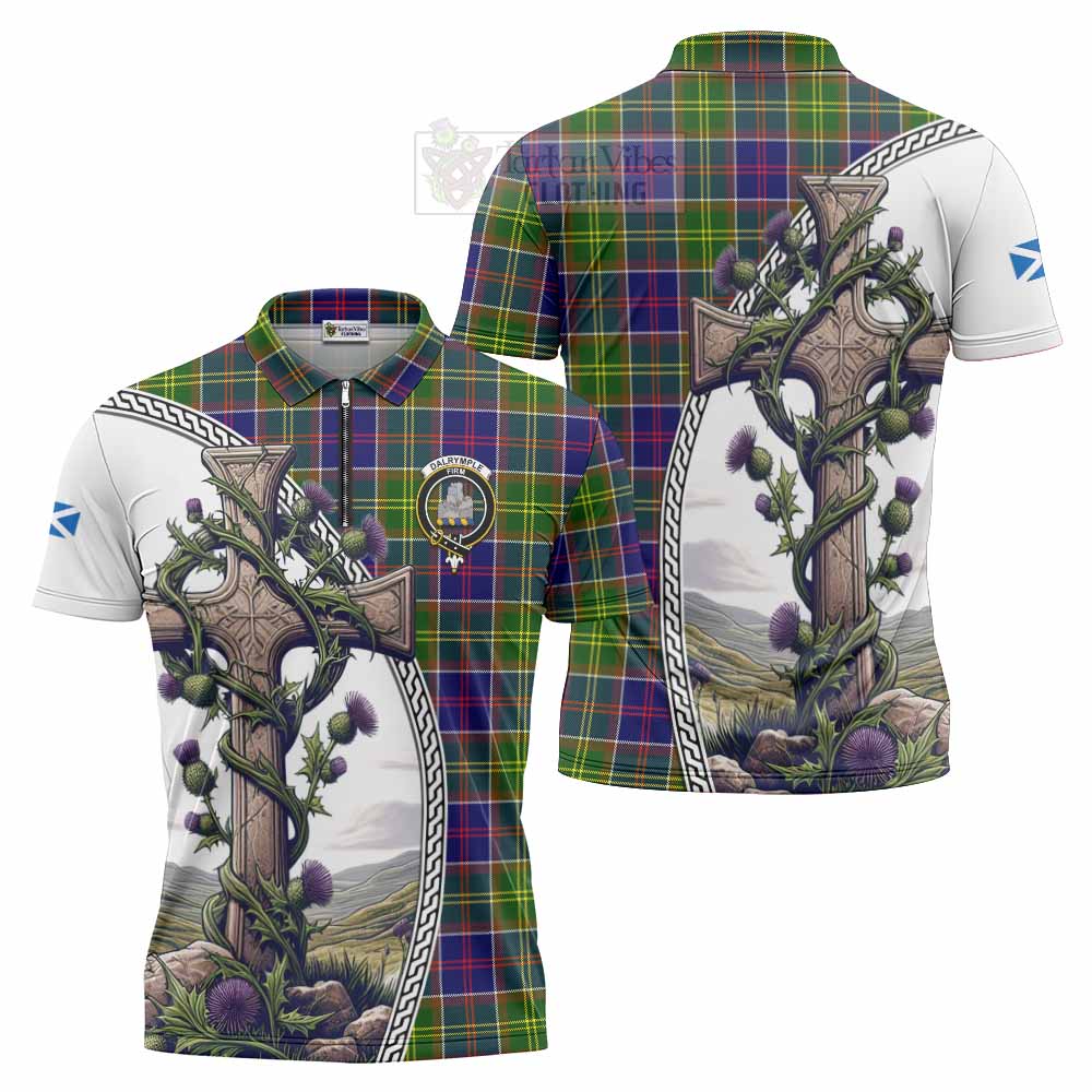 Tartan Vibes Clothing Dalrymple Tartan Zipper Polo Shirt with Family Crest and St. Andrew's Cross Accented by Thistle Vines