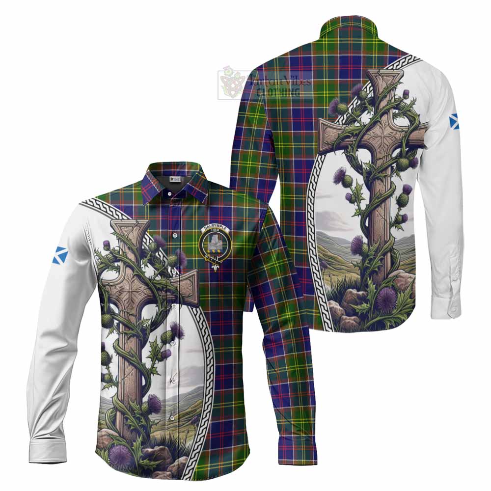 Tartan Vibes Clothing Dalrymple Tartan Long Sleeve Button Shirt with Family Crest and St. Andrew's Cross Accented by Thistle Vines