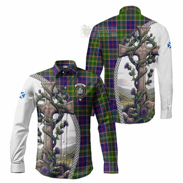 Dalrymple Tartan Long Sleeve Button Shirt with Family Crest and St. Andrew's Cross Accented by Thistle Vines