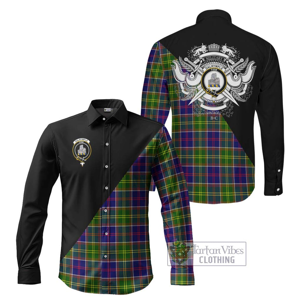 Dalrymple Tartan Long Sleeve Button Shirt with Family Crest and Military Logo Style Men's Shirt S - Tartanvibesclothing Shop