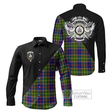 Dalrymple Tartan Long Sleeve Button Shirt with Family Crest and Military Logo Style