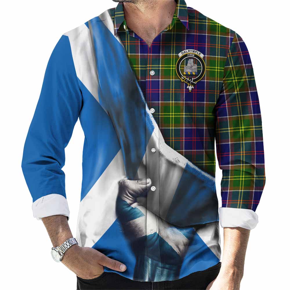 Tartan Vibes Clothing Dalrymple Tartan Long Sleeve Button Shirt with Family Crest Scotland Patriotic Style