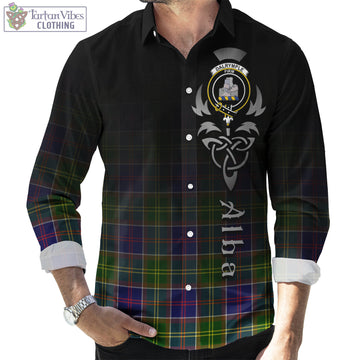 Dalrymple Tartan Long Sleeve Button Up Featuring Alba Gu Brath Family Crest Celtic Inspired