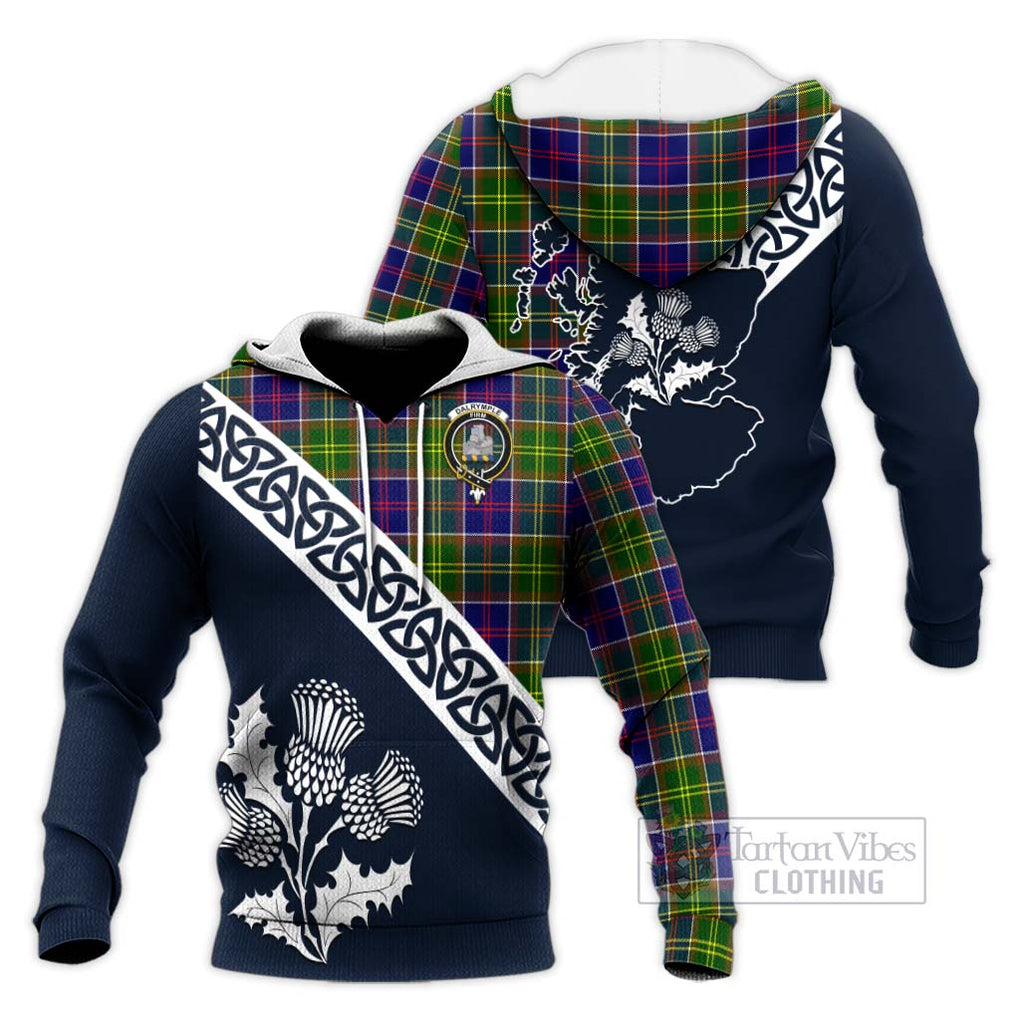 Tartan Vibes Clothing Dalrymple Tartan Knitted Hoodie Featuring Thistle and Scotland Map