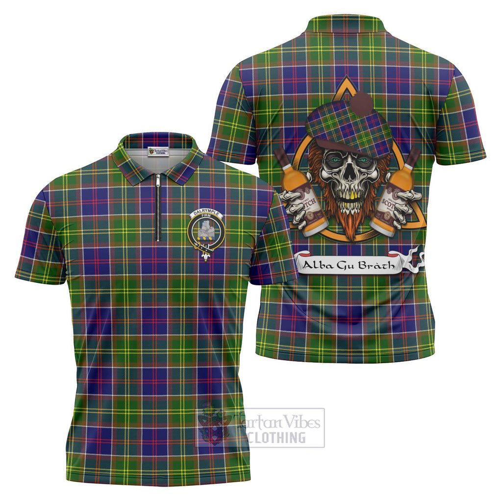 Tartan Vibes Clothing Dalrymple Tartan Zipper Polo Shirt with Family Crest and Bearded Skull Holding Bottles of Whiskey