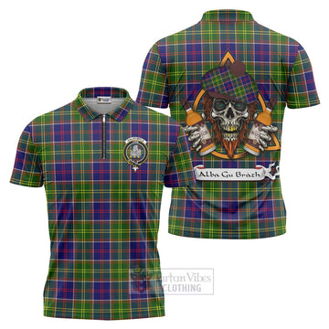 Dalrymple Tartan Zipper Polo Shirt with Family Crest and Bearded Skull Holding Bottles of Whiskey