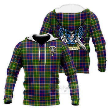 Dalrymple Tartan Knitted Hoodie with Family Crest Celtic Skull Style