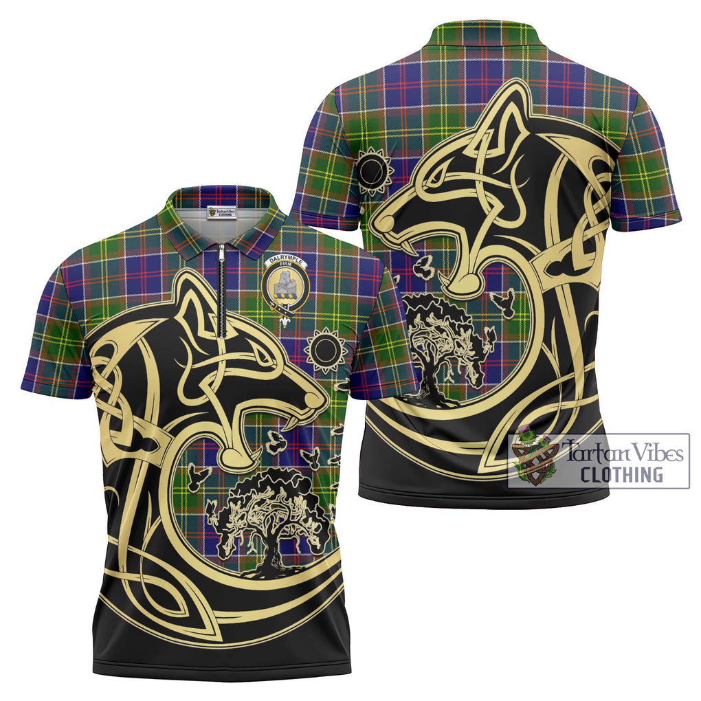 Dalrymple Tartan Zipper Polo Shirt with Family Crest Celtic Wolf Style Unisex - Tartanvibesclothing Shop