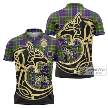 Dalrymple Tartan Zipper Polo Shirt with Family Crest Celtic Wolf Style