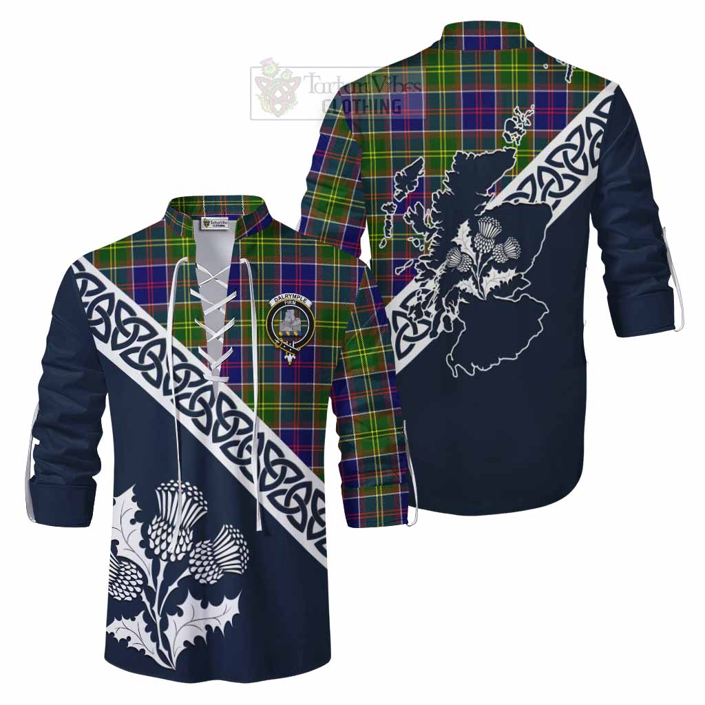 Dalrymple Tartan Ghillie Kilt Shirt Featuring Thistle and Scotland Map Men - Tartan Vibes Clothing