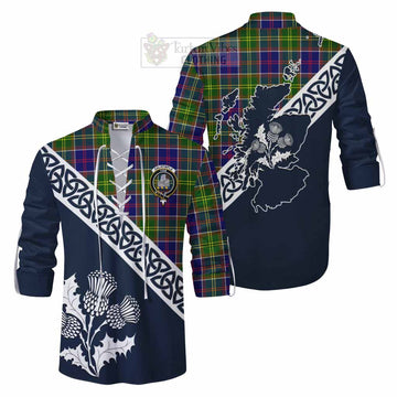 Dalrymple Tartan Ghillie Kilt Shirt Featuring Thistle and Scotland Map Men - Tartan Vibes Clothing