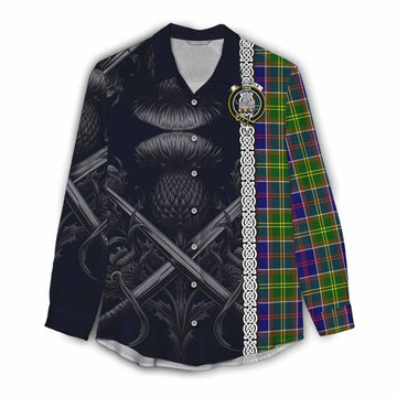 Dalrymple Tartan Women's Casual Shirt with Family Crest Cross Sword Thistle Celtic Vibes