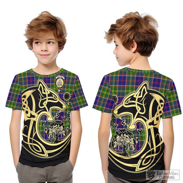 Dalrymple Tartan Kid T-Shirt with Family Crest Celtic Wolf Style