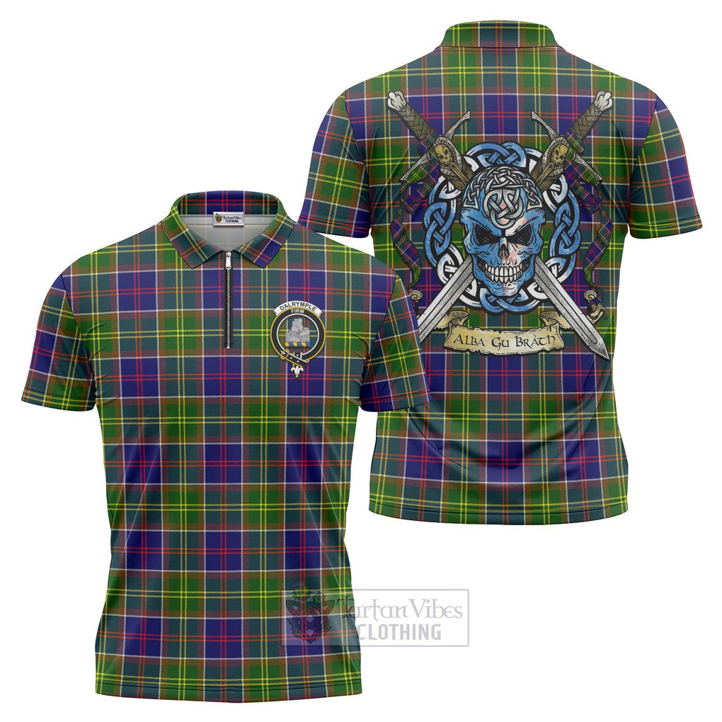 Tartan Vibes Clothing Dalrymple Tartan Zipper Polo Shirt with Family Crest Celtic Skull Style