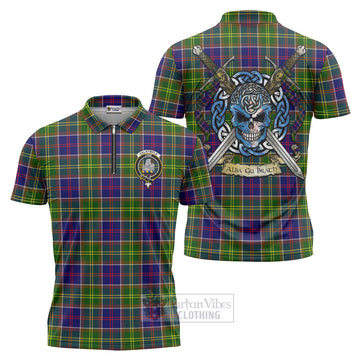 Dalrymple Tartan Zipper Polo Shirt with Family Crest Celtic Skull Style