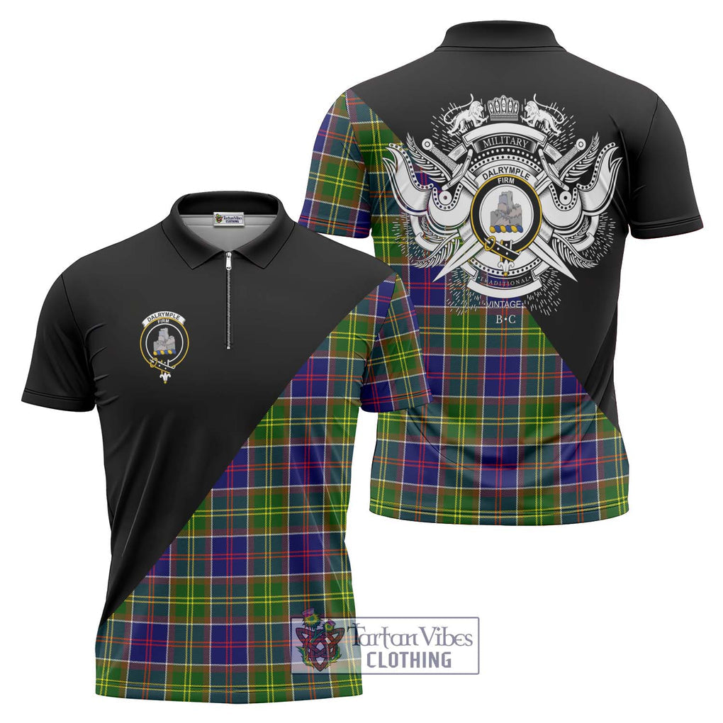 Dalrymple Tartan Zipper Polo Shirt with Family Crest and Military Logo Style Unisex - Tartanvibesclothing Shop