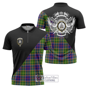 Dalrymple Tartan Zipper Polo Shirt with Family Crest and Military Logo Style