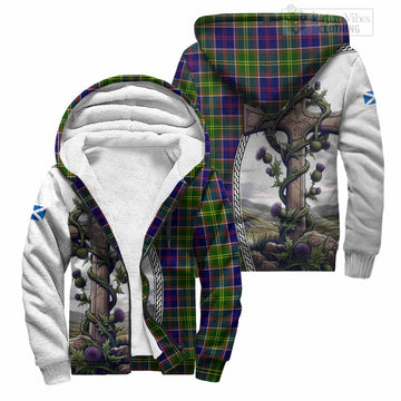 Dalrymple Tartan Sherpa Hoodie with Family Crest and St. Andrew's Cross Accented by Thistle Vines Unisex S - Tartan Vibes Clothing