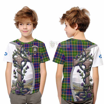 Dalrymple Tartan Kid T-Shirt with Family Crest and St. Andrew's Cross Accented by Thistle Vines