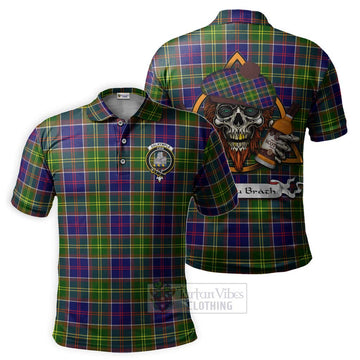 Dalrymple Tartan Polo Shirt with Family Crest and Bearded Skull Holding Bottles of Whiskey