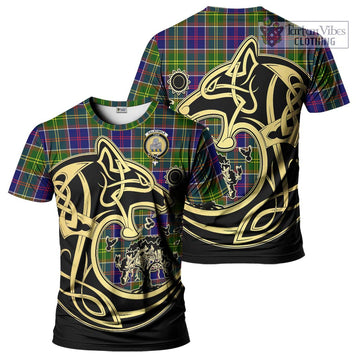 Dalrymple Tartan T-Shirt with Family Crest Celtic Wolf Style