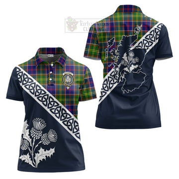 Dalrymple Tartan Women's Polo Shirt Featuring Thistle and Scotland Map