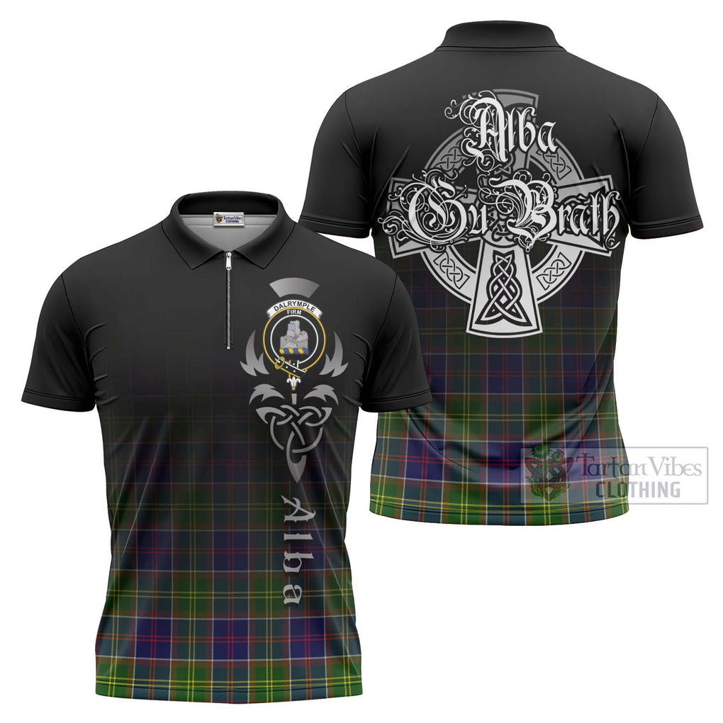 Tartan Vibes Clothing Dalrymple Tartan Zipper Polo Shirt Featuring Alba Gu Brath Family Crest Celtic Inspired